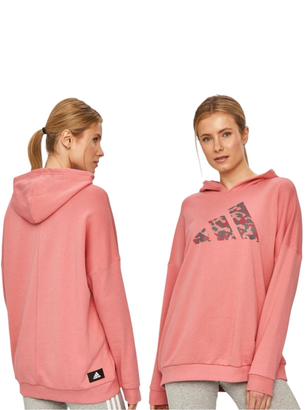 ADIDAS Dark Coral Hooded Pullover Sweatshirt with Leopard Print Logo Size M - Picture 9 of 12